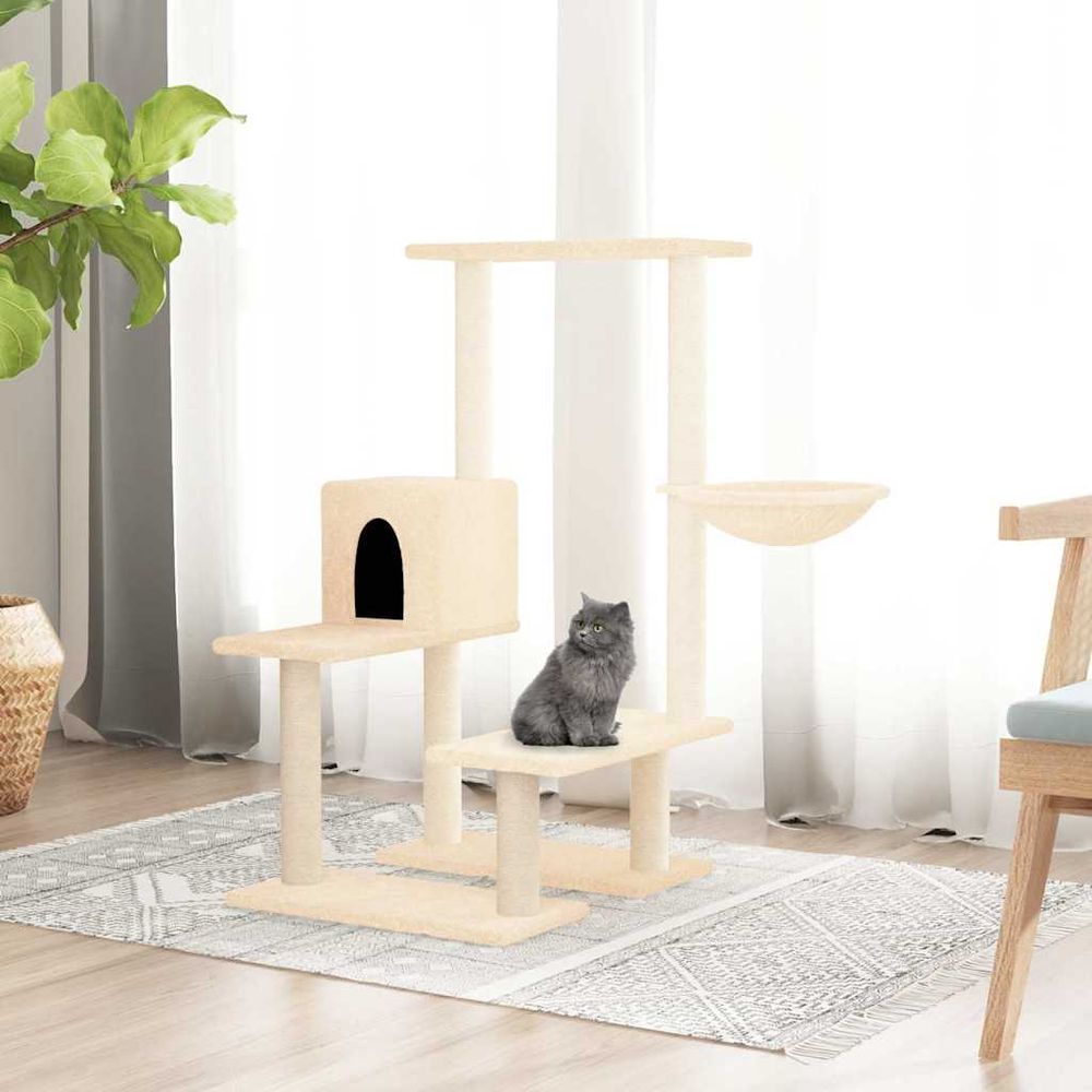 Arbre à chat design en sisal avec niche douillette et hamac suspendu crème 94,5 cm