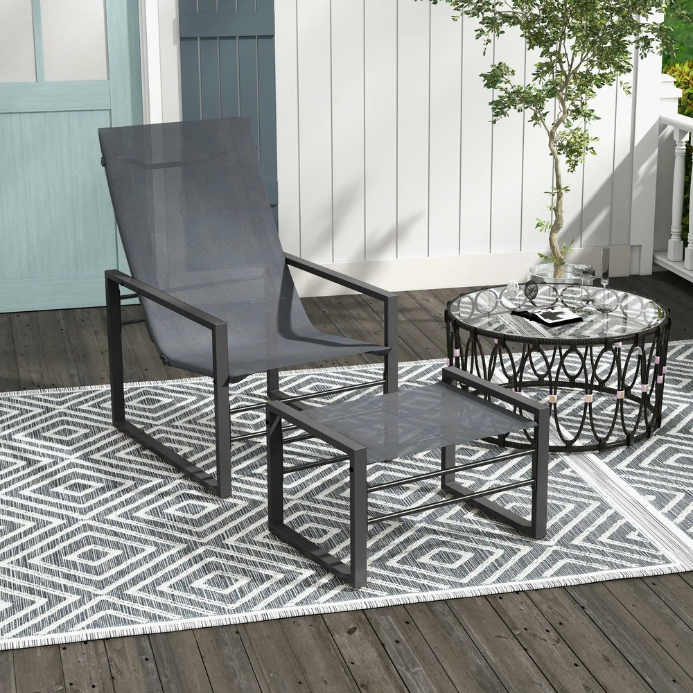 Ensemble fauteuil relax de jardin avec repose-pieds, chaise longue, structure métal et tissu mesh aéré - gris