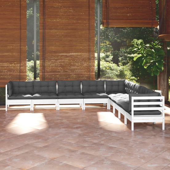 Salon de jardin 9 pcs avec coussins blanc bois de pin massif