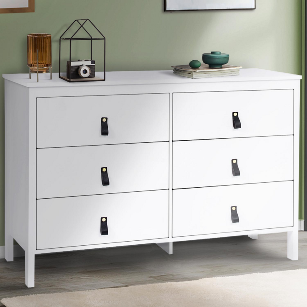 Commode 6 tiroirs milano 115 cm bois blanc avec poignée languette noire