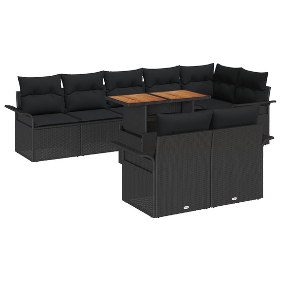 Ensemble de salle à manger de jardin 9 pièces avec coussins noir poly rattan acacia
