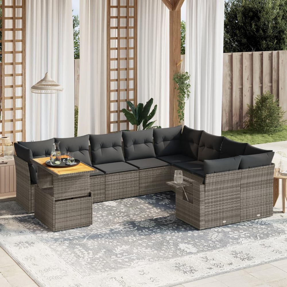 Salon de jardin avec coussins 10 pcs gris résine tressée