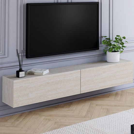 Meuble tv 180 cm suspendu elio 2 portes bois effet travertin