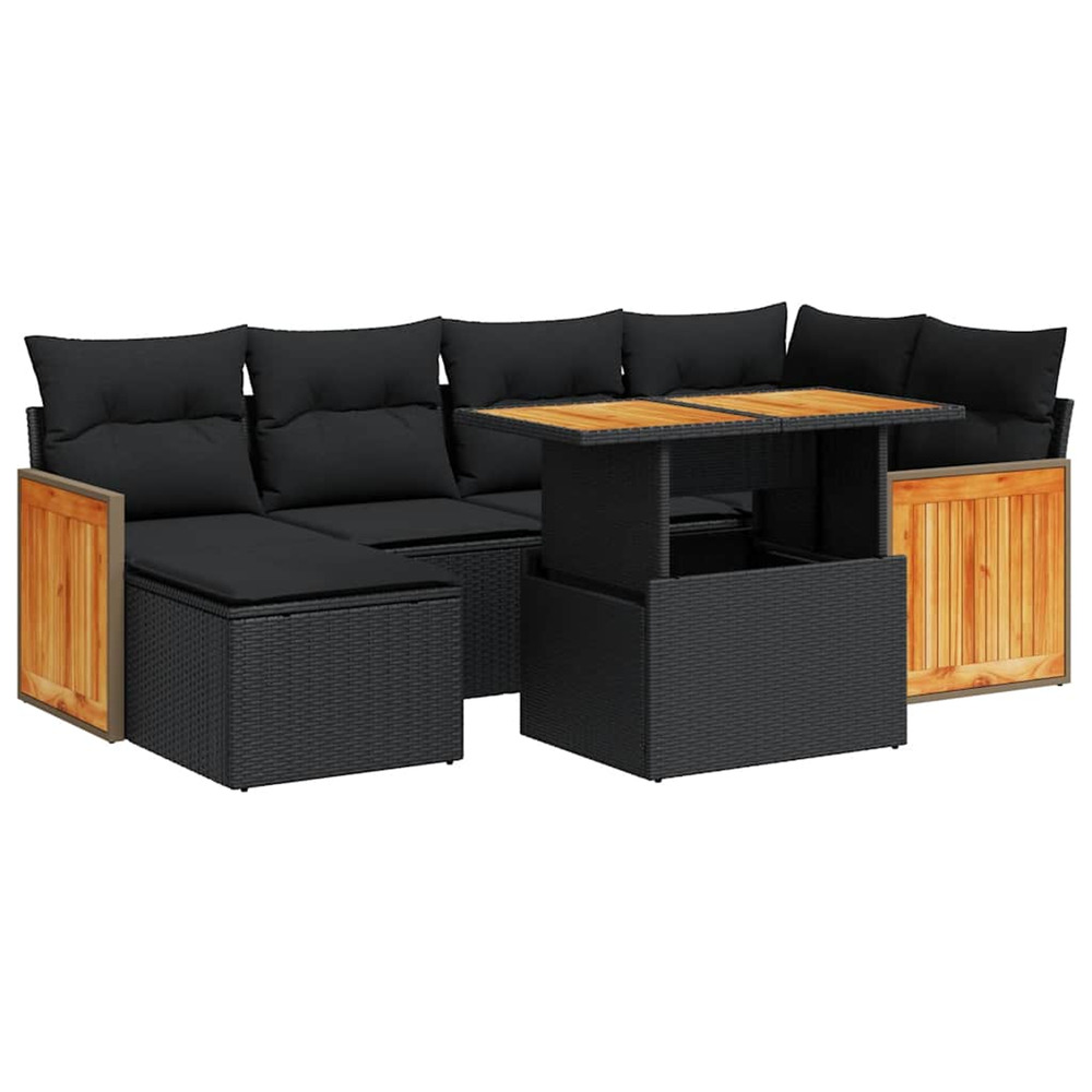 Salon de jardin avec coussins 7 pcs noir résine tressée acacia