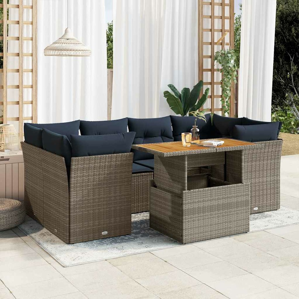 Salon de jardin avec coussins 7 pcs gris résine tressée