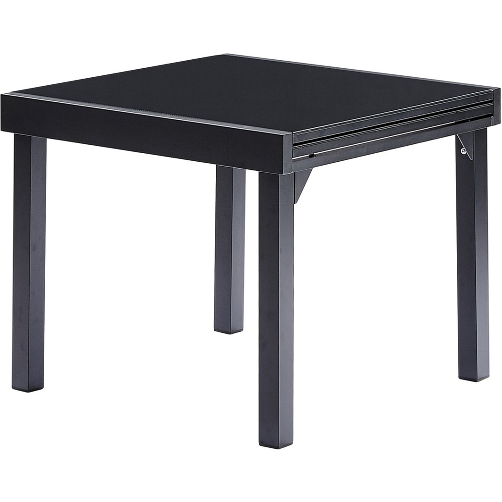 Table modulo 4/8 personnes structure en aluminium noire, plateau en verre noir