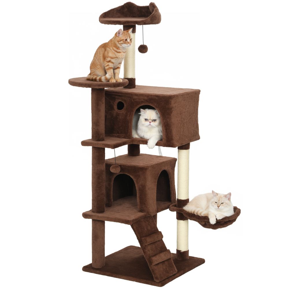 Arbre à chat multi-niveaux en peluche avec niches hamac et griffoirs 140 cm marron