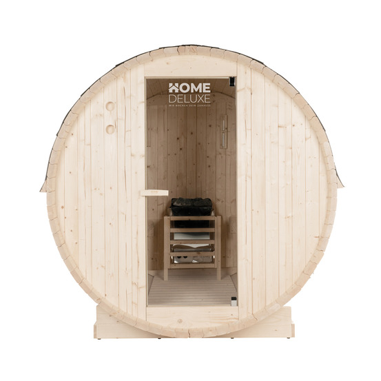 Home deluxe - sauna extérieur en tonneau lahti l - dimensions : lxpxh : env. 189 cm x 191 cm x 180 cm, bois : épicéa - avec poêle et