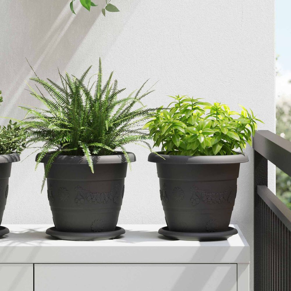 Lot 6 pots de fleurs ronds plastique intérieur extérieur avec drainage ø 22 cm noir