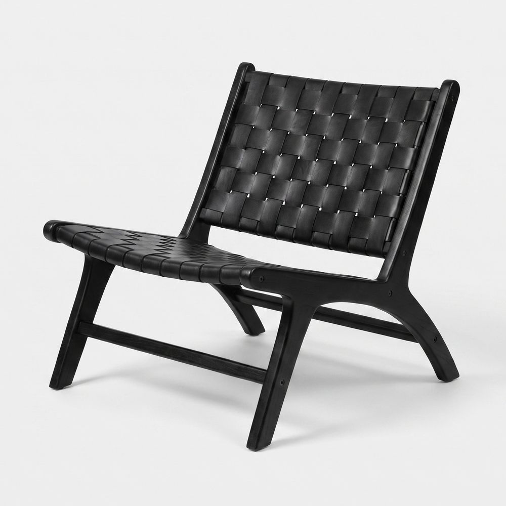 Kuna-fauteuil en teck noir et cuir tressé
