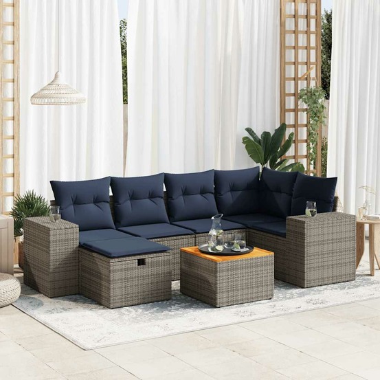 Salon de jardin avec coussins 7 pcs gris résine tressée