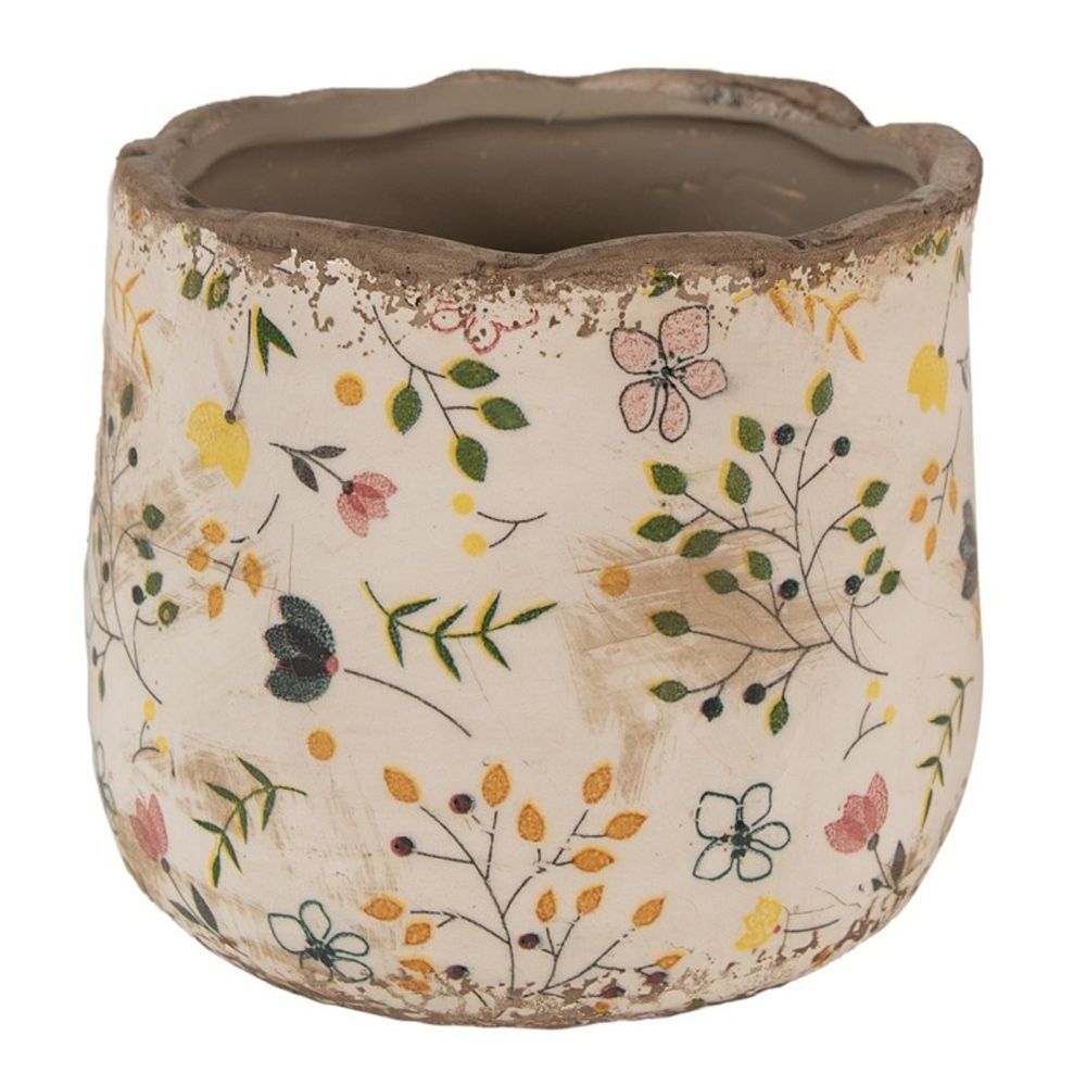 Pot fleuri champêtre beige jaune 14x12cm