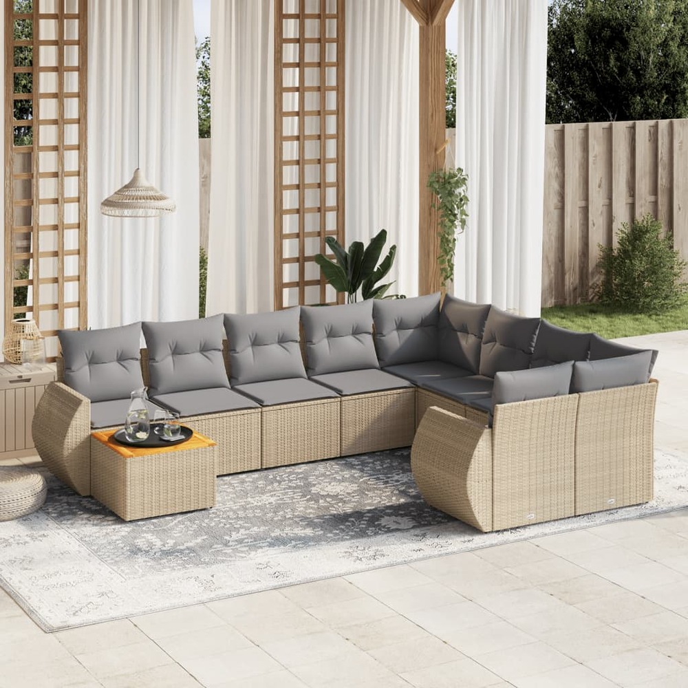 Salon de jardin avec coussins 10 pcs beige résine tressée