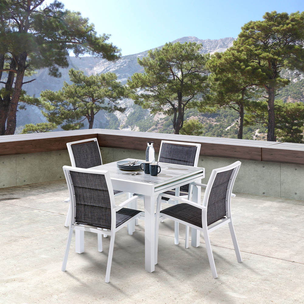 Ensemble modulo 4/8p en aluminium blanc et verre décors bois avec 4 fauteuils en textilène