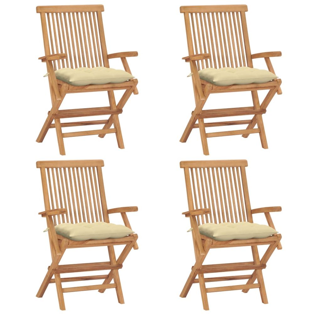 Chaises pliantes avec coussins blanc crème, 4 pièces, en bois de teck massif