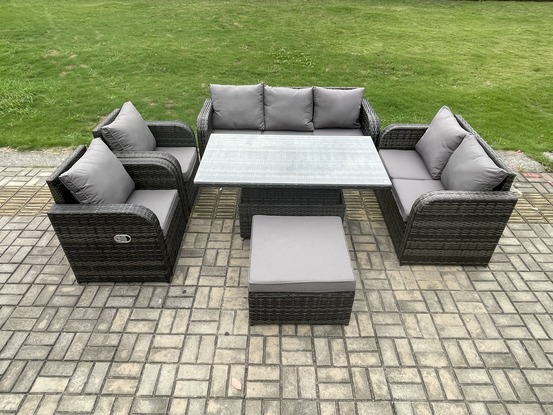 Ensemble de salle à manger jardin en rotin ave table à manger réglable en hauteur 2 chaises inclinable canapé tabourets