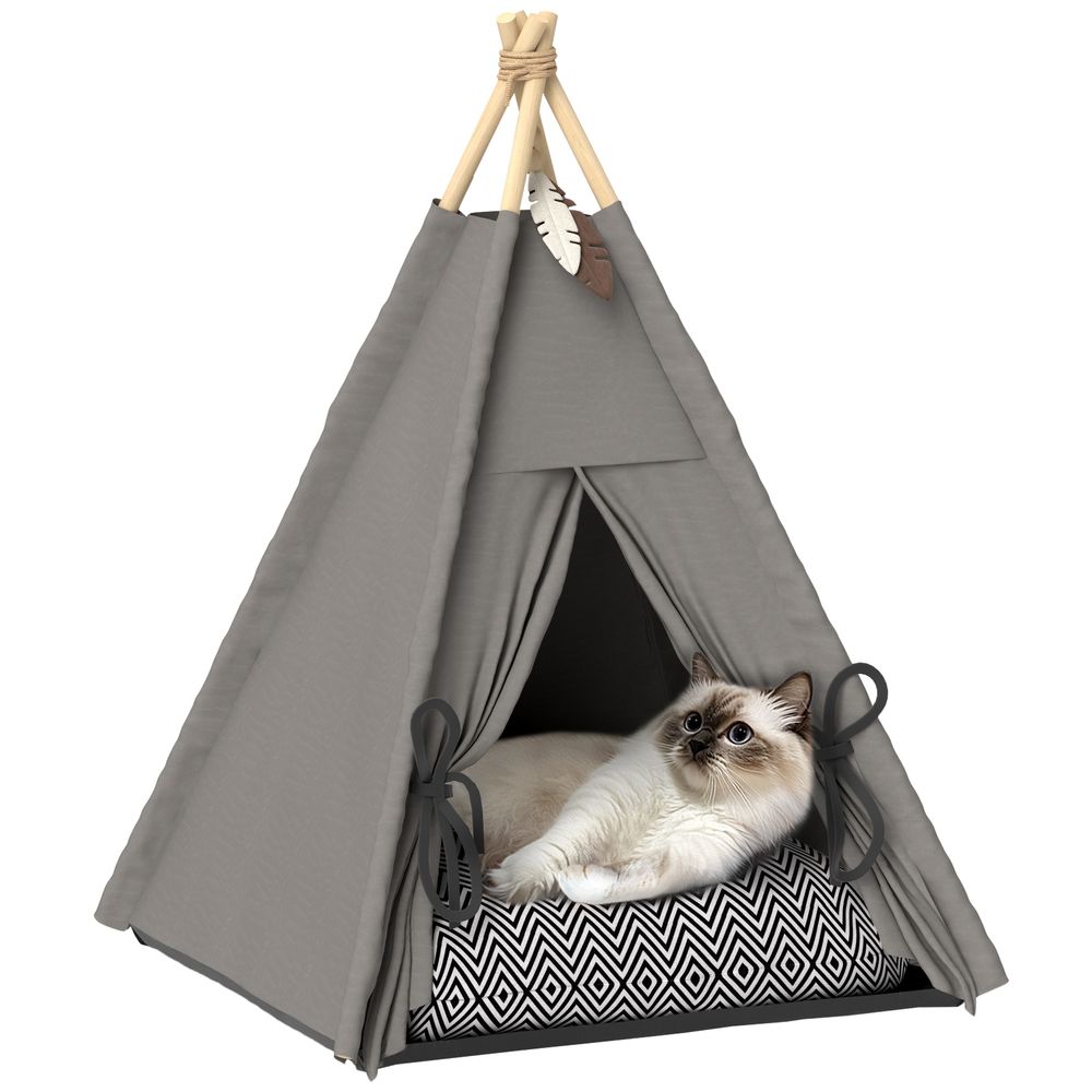 Tente tipi lit pour chat et petit chien tissu polyester coussin doux 60x76cm gris