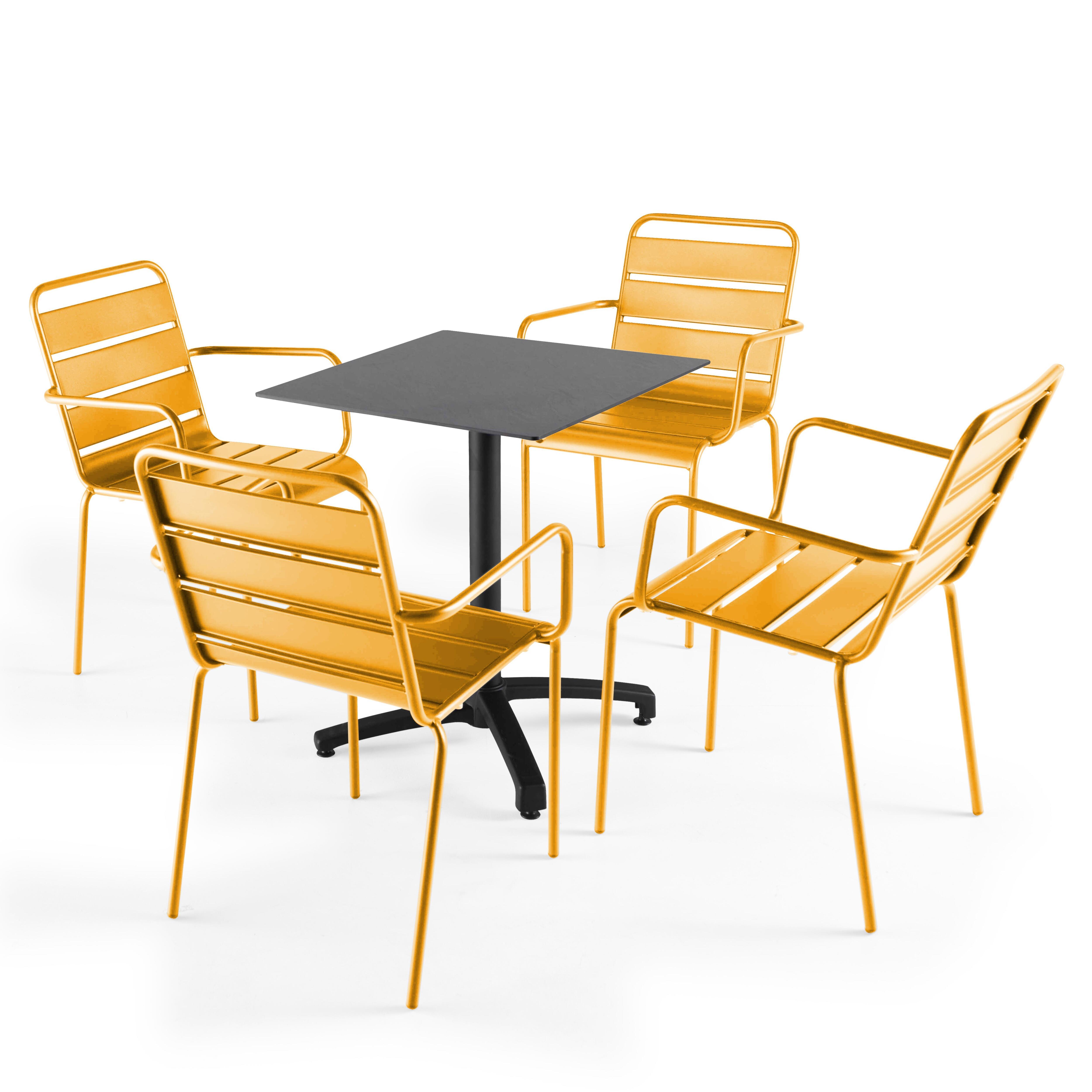 Ensemble table de jardin stratifié ardoise gris et 4 fauteuils jaune
