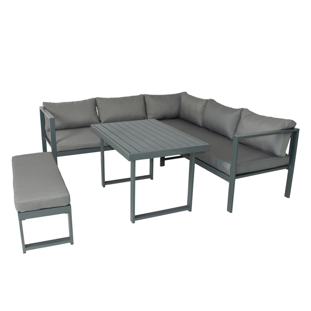 Salon de jardin gris foncé 6 places canapé et banc marbella