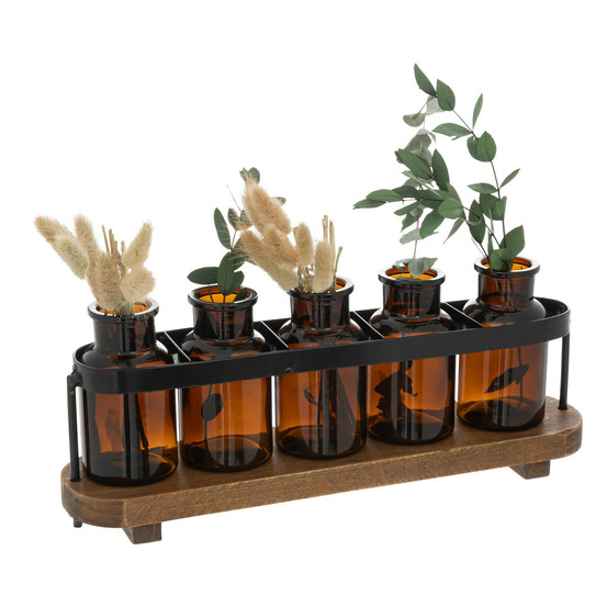 Compo 5 soliflores avec plantes séchées dans un socle en bois et métal