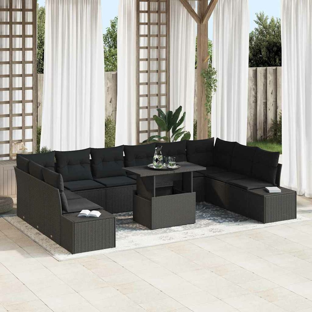 Ensemble de canapé de jardin 11 pcs noir poly rotin