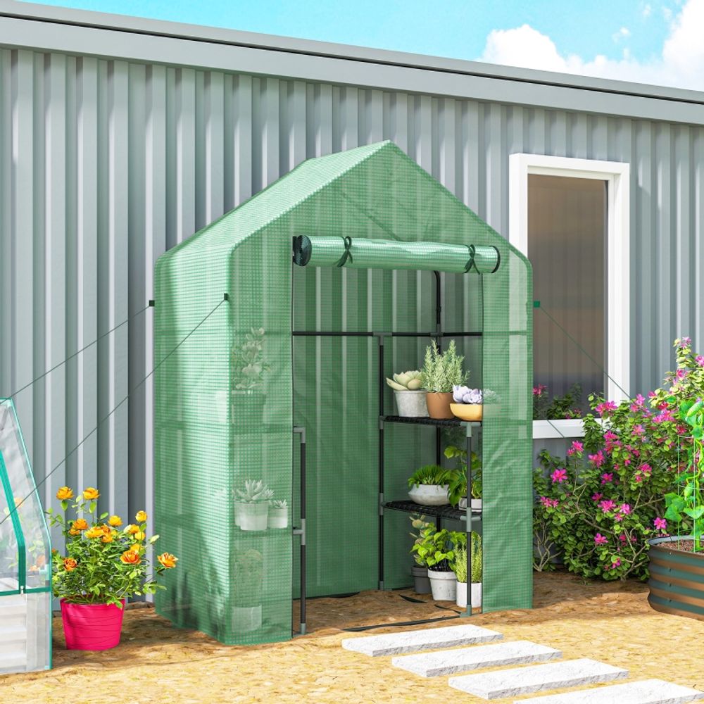 Serre de jardin adossée acier et pe 140 x 73 x 195 cm verte 2 étagères zippées - comfortxl outdoor living