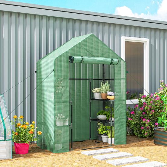 Serre de jardin adossée acier et pe 140 x 73 x 195 cm verte 2 étagères zippées - comfortxl outdoor living