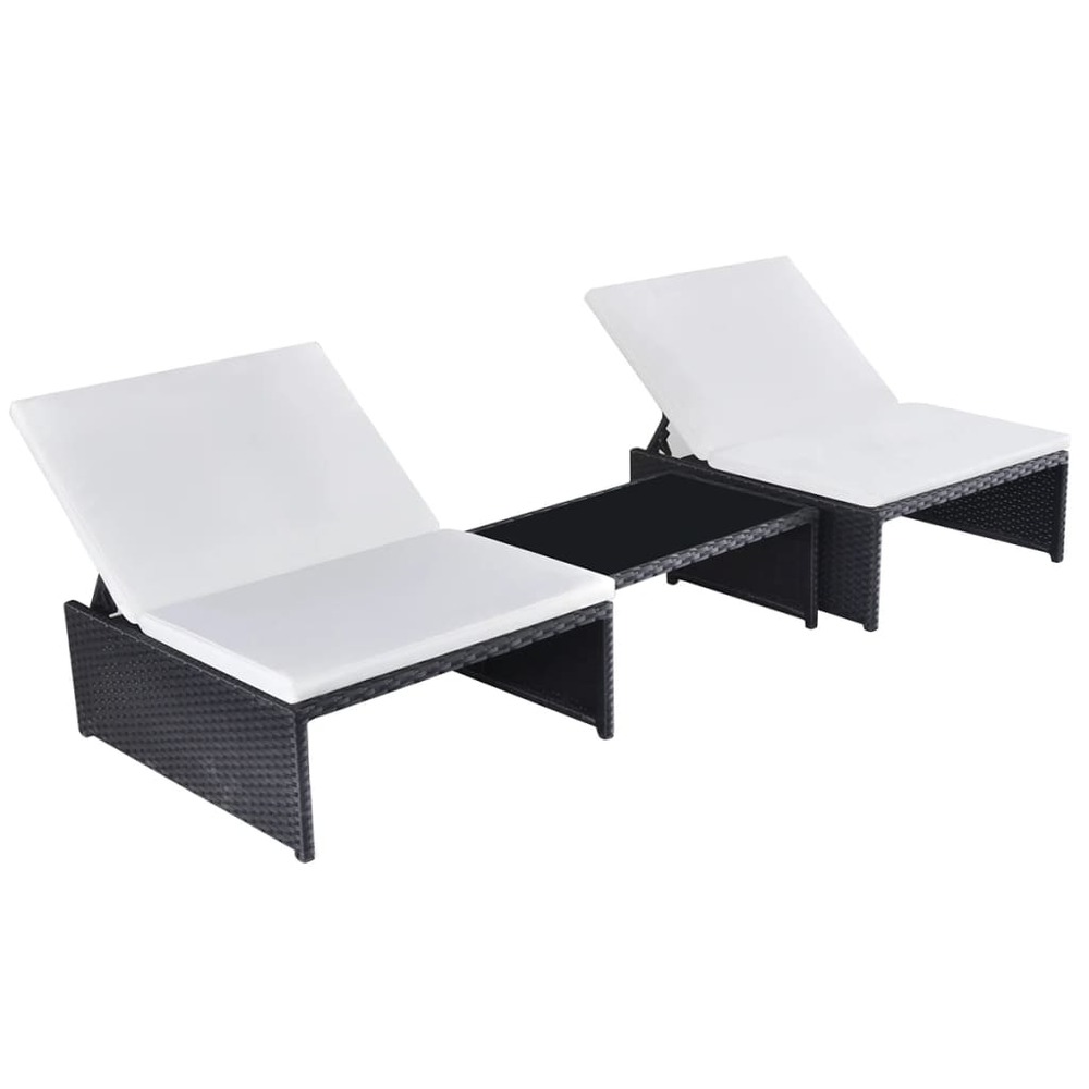 Lot de 2 transats chaise longue bain de soleil lit de jardin terrasse meuble d'extérieur avec table résine tressée noir 02_0