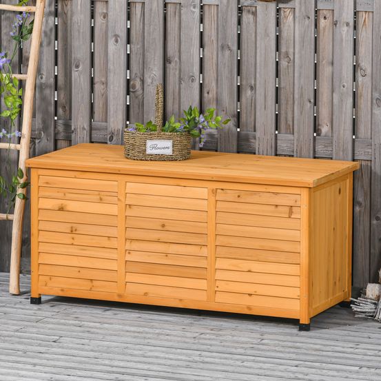 Coffre jardin bois sapin extérieur banc rangement grande capacité 127cm jaune - comfortxl outdoor living