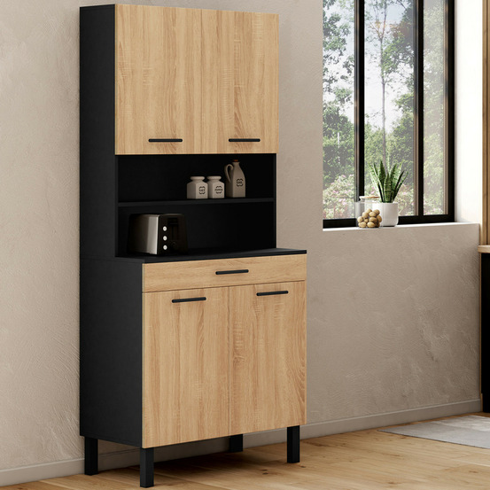 Buffet de cuisine 80 cm cina 4 portes + tiroir noir et façon hêtre
