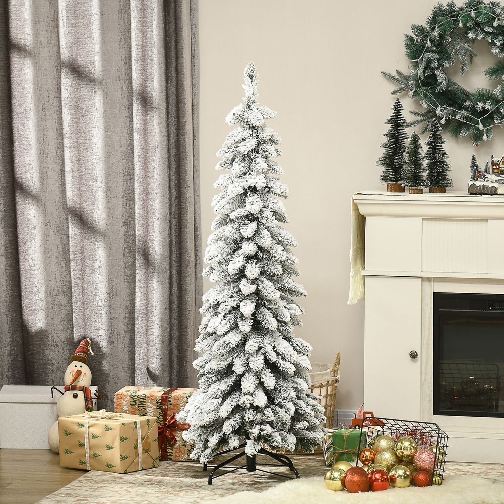 Sapin de noël artificiel enneigé 135 cm vert, 253 branches, socle pliable en acier
