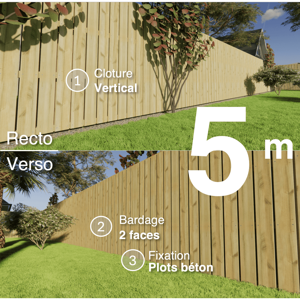 Kit clôture bois moderne 5m – h 1,9m – 21 x 145 mm autoclave vert – pose vertical – double face – à sceller