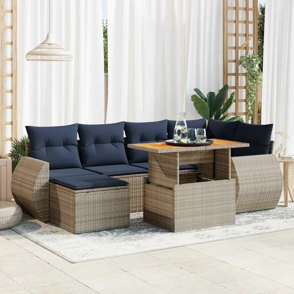 Salon de jardin avec coussins 7 pcs gris résine tressée