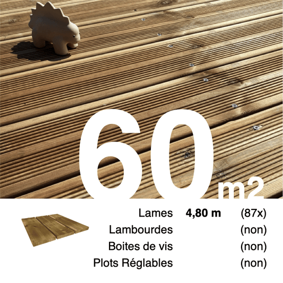 Planches de terrasse pin autoclave marron pour 60 m², longueur 4,8 m.