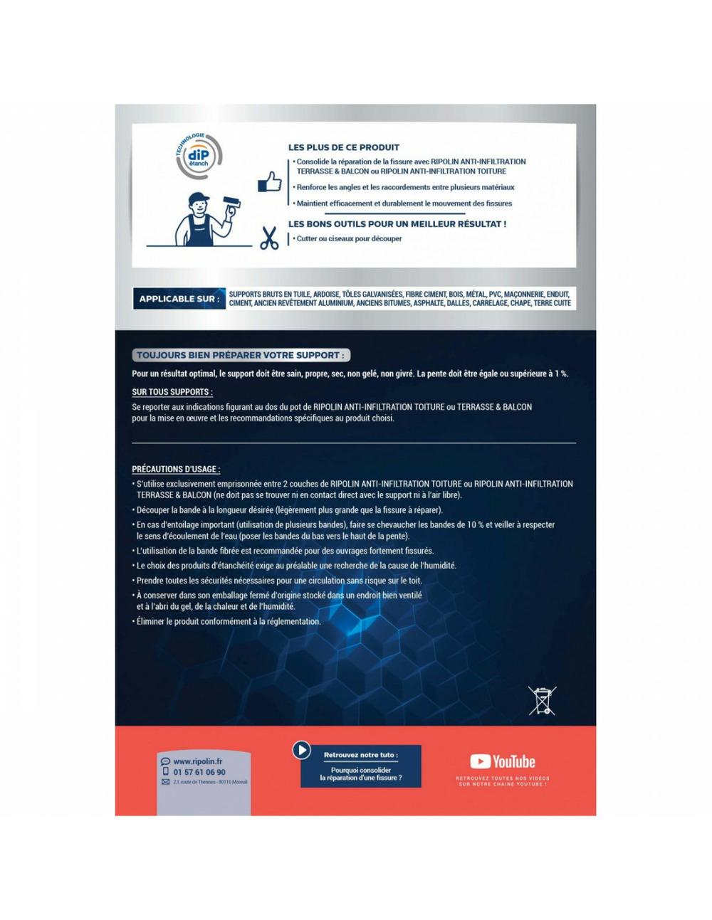 Bande fibrées anti-infiltration 10mx9cm - ripolin