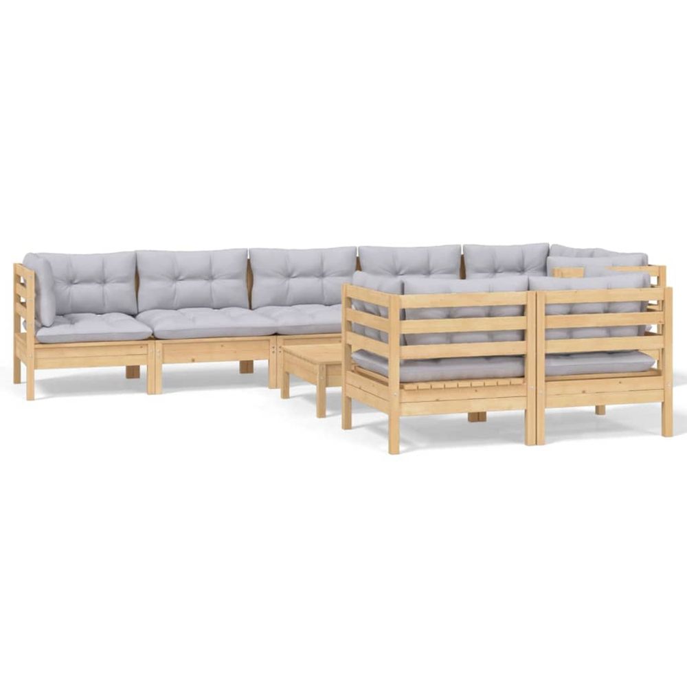 Salon de jardin 9 pcs avec coussins gris bois de pin massif