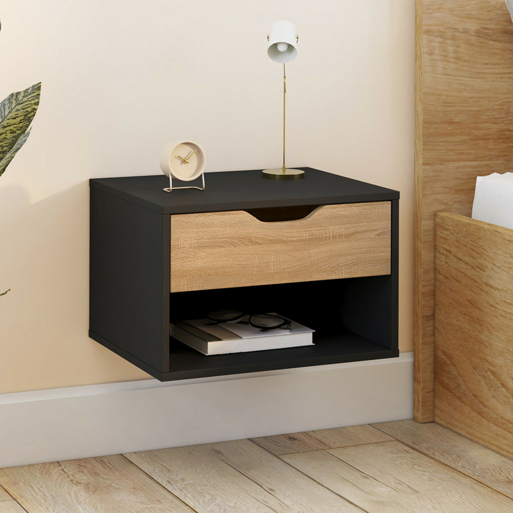 Lot de 2 tables de chevet murales cathy 1 tiroir avec niche façon hêtre et noir