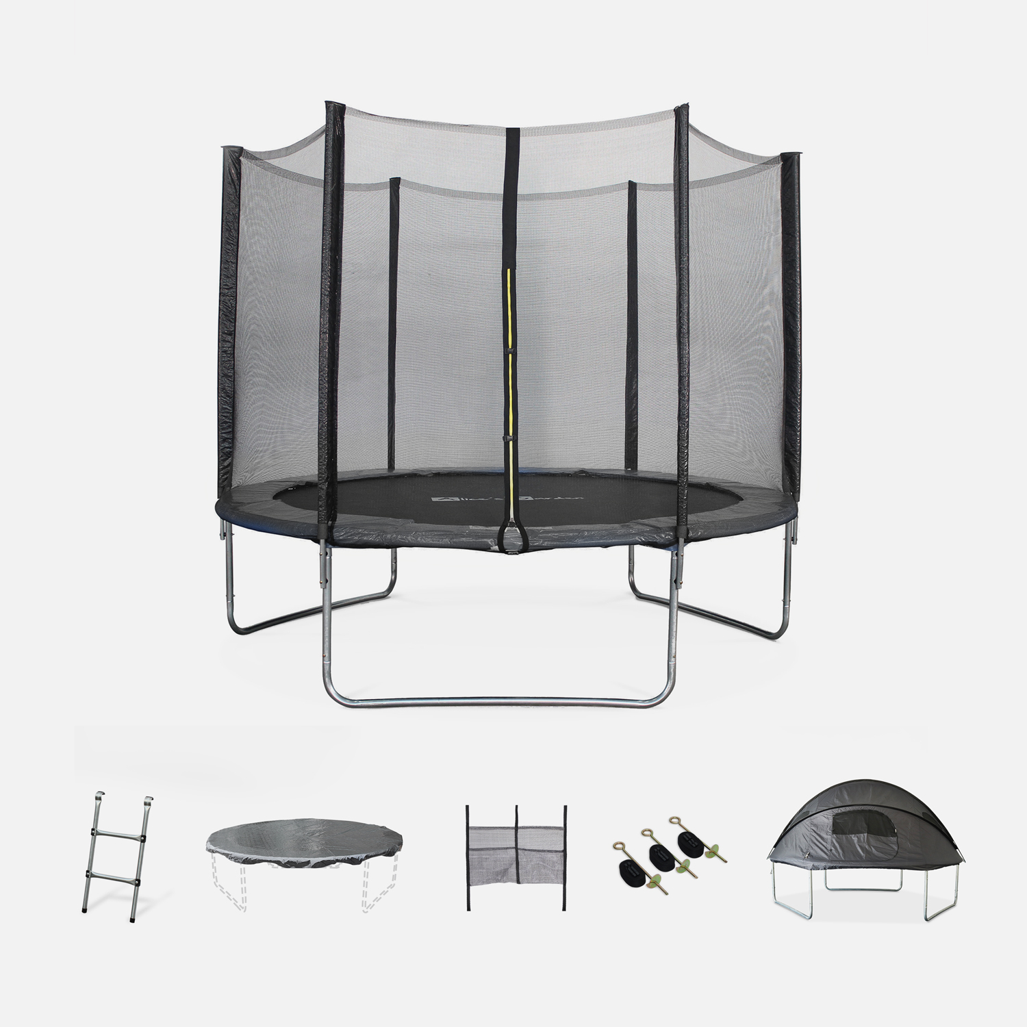 Trampoline 305cm gris avec pack d'accessoires + tente de camping avec sac de transport