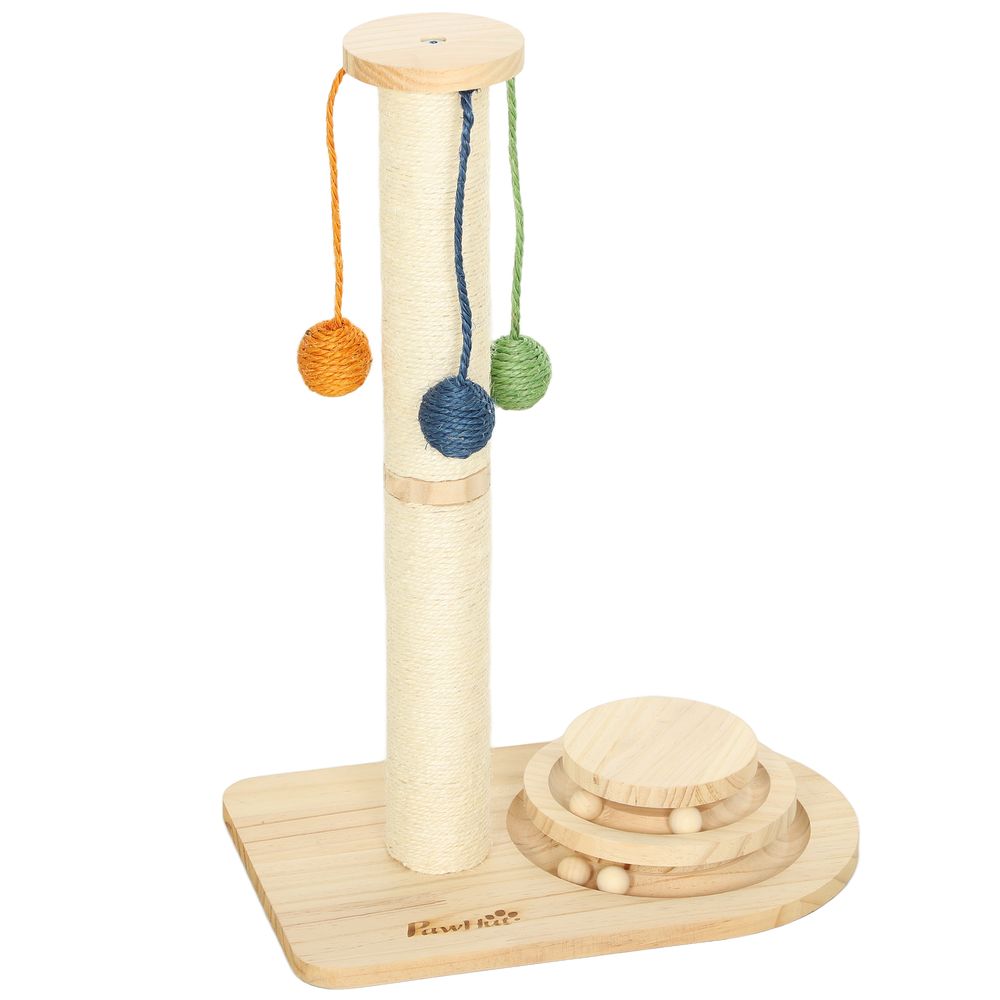 Poteau à griffer en sisal et bois avec 3 balles suspendues et circuit de jeu hauteur 56,5 cm