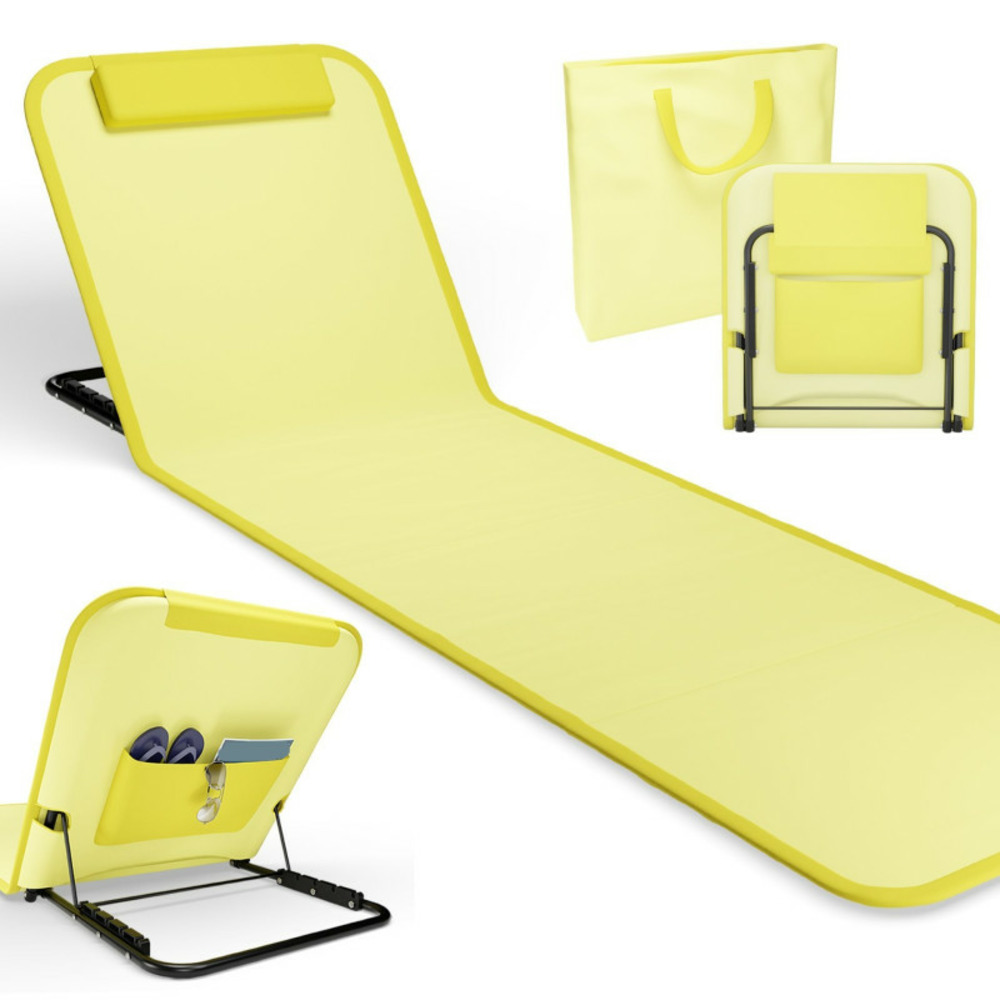 Transat de plage confortable jaune 165cm dossier réglable et coussin pour la tête sac inclus