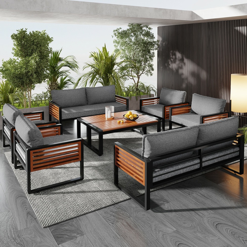 Salon jardin 8 pièces: acier galvanisé, 2 canapés 2 pers +4 fauteuils +2 tables, accoudoirs bois gris antique