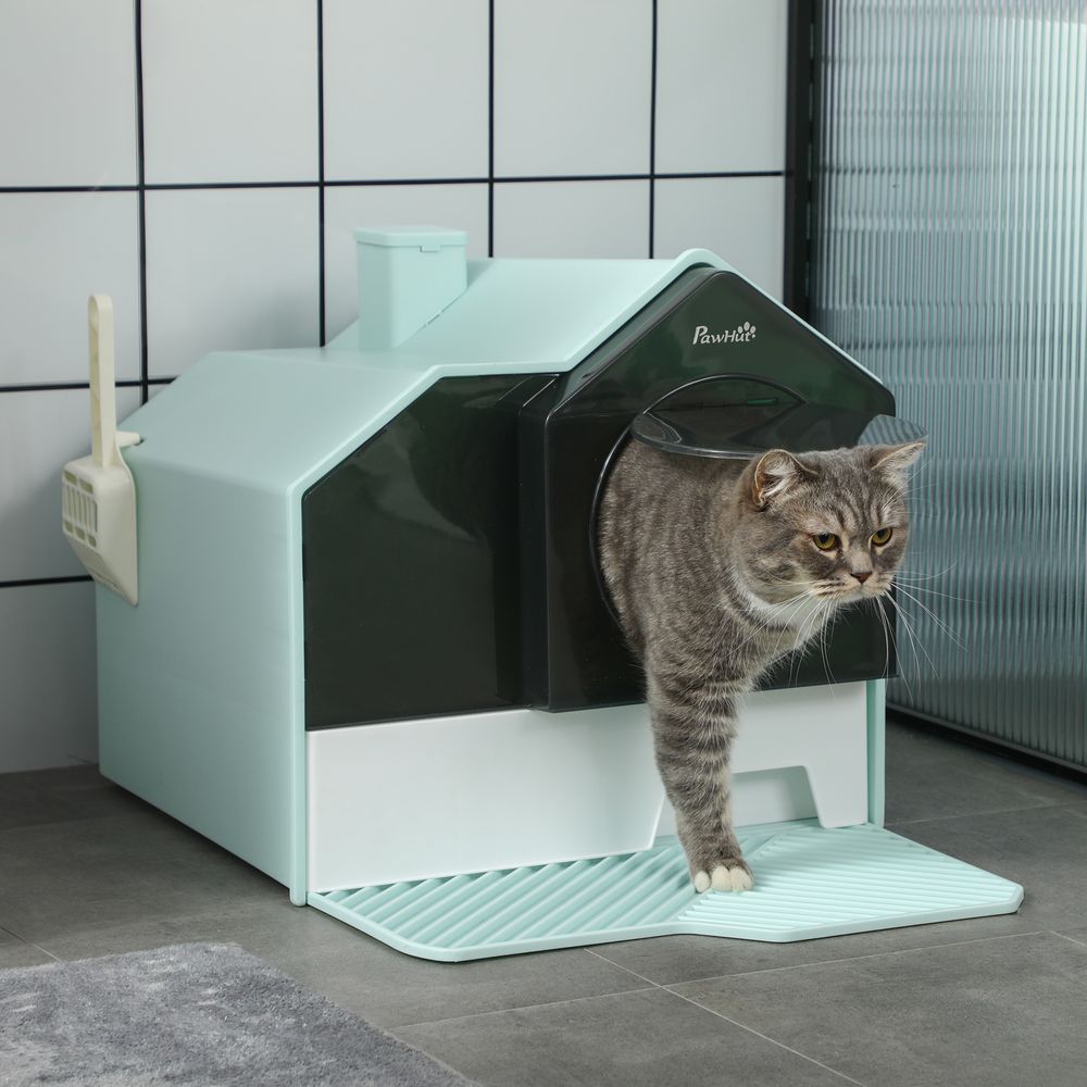 Maison de toilette bac à litière pour chat design maisonnette avec pelle, filtre et tapis dim. 47l x 45l x 42h cm bleu
