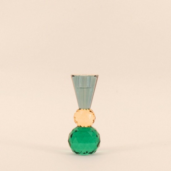 Bougeoir bleuté or vert en cristal à facettes 14cm