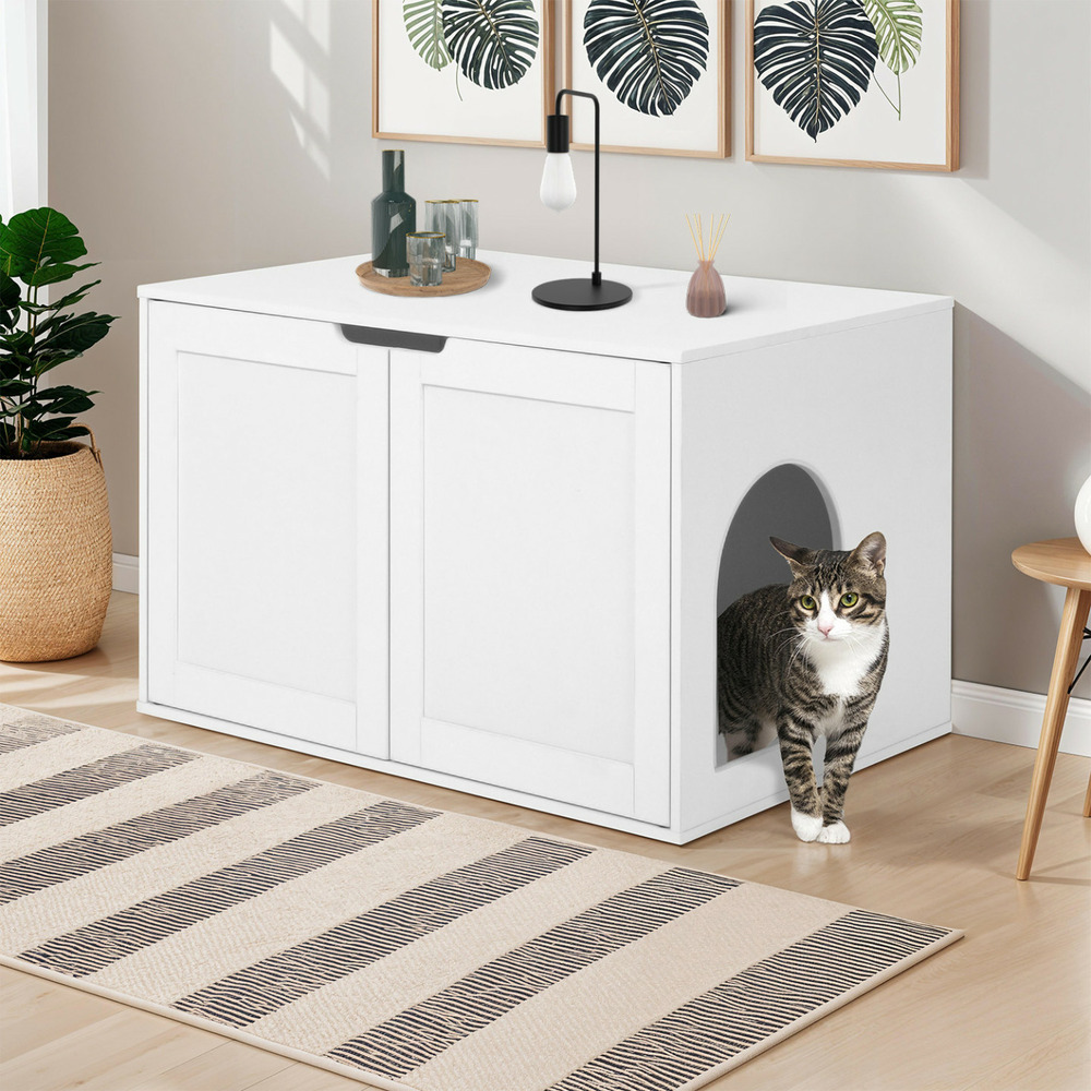 Maison de toilette chat - cache-litière avec doubles portes blanc