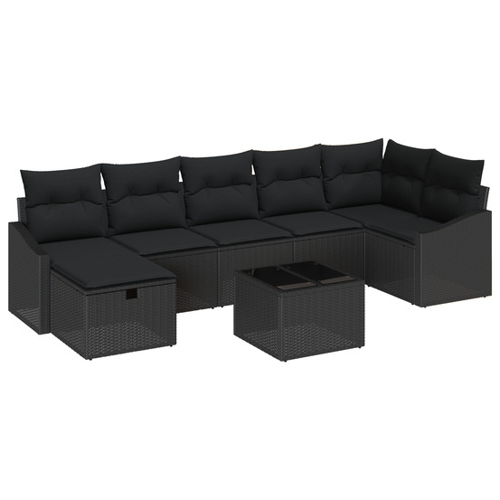 Ensemble de canapé de jardin 8 pièces avec coussins noir rattan poly