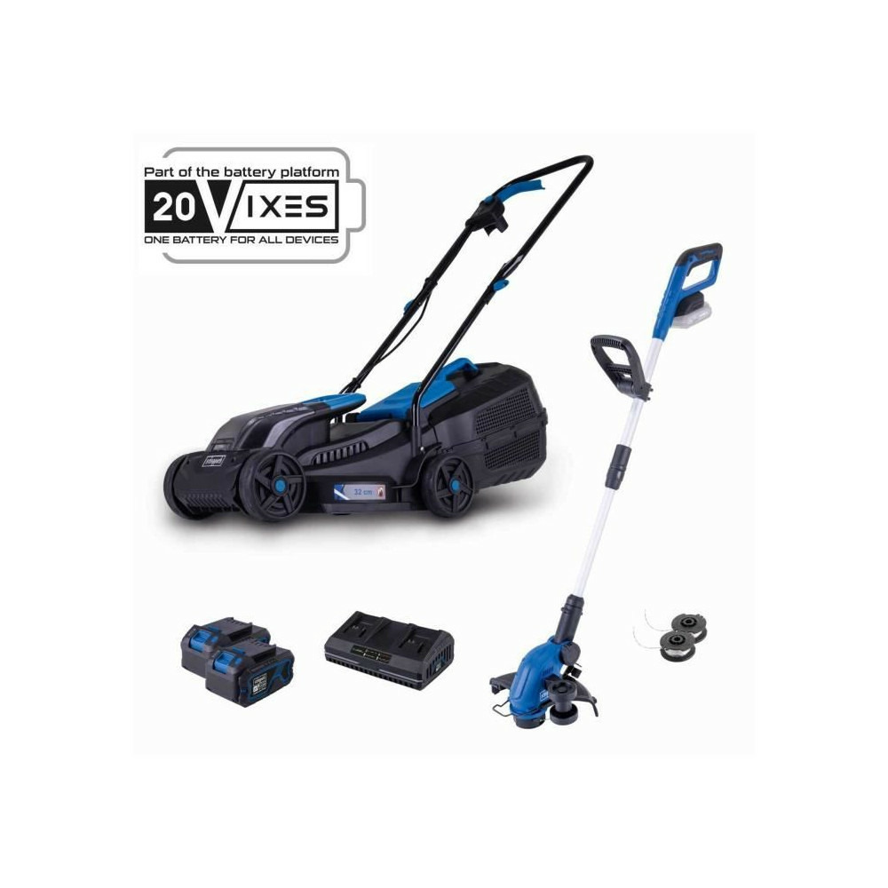 Pack tondeuse bc-mp320-x 32 cm + coupe bordure c-lt300-x 2 en 1 - scheppach 20v ixes + 2 batteries 4ah + chargeur