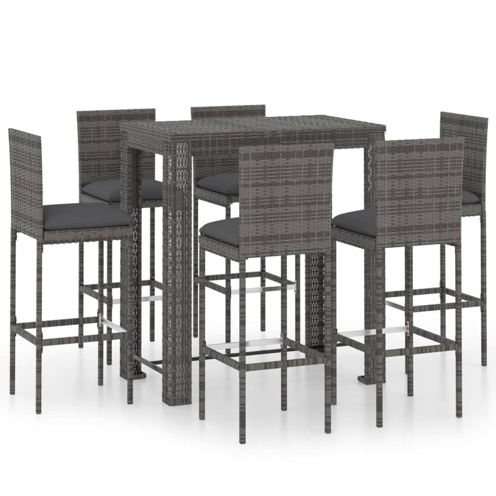 Ensemble de bar d'extérieur 7 pcs coussins résine tressée gris