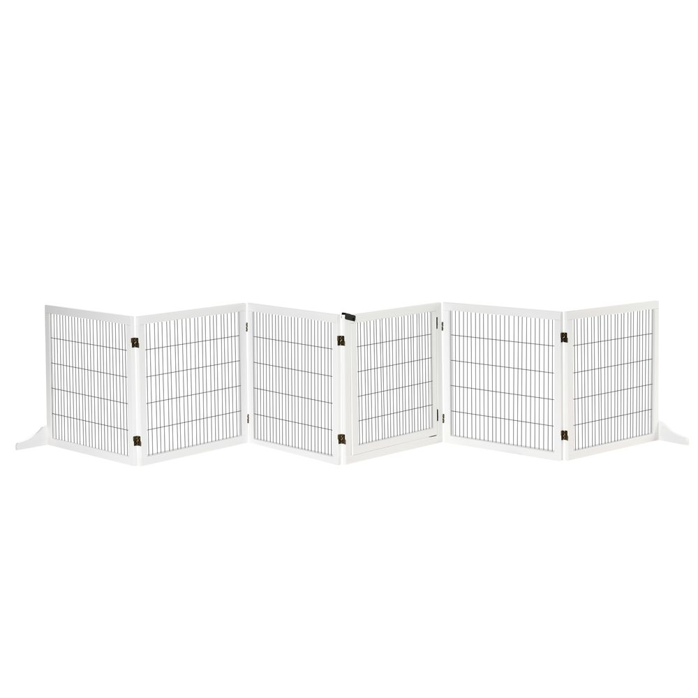 Barrière pour chien bois de pin 432 x 70 cm blanche pliable 6 panneaux avec porte