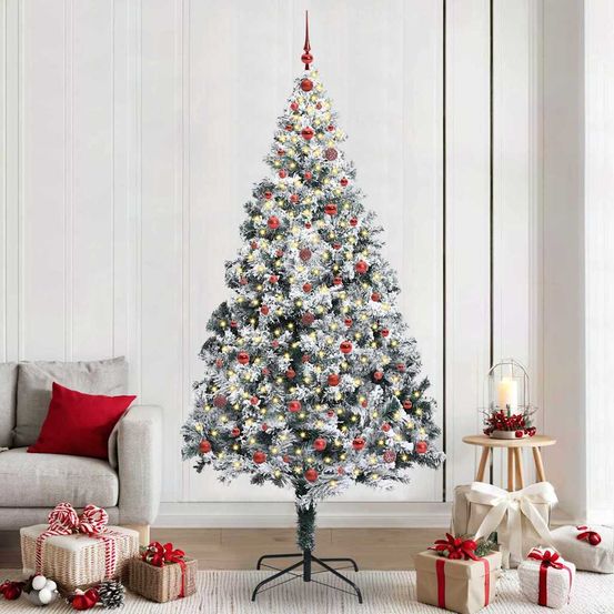 Sapin de noël artificiel haut 240cm avec guirlande led blanc chaud et décorations
