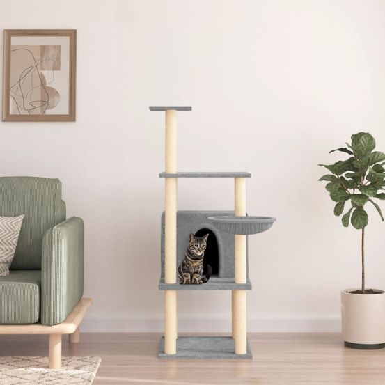 Arbre à chat 132 cm en sisal et peluche avec niche et panier pour chat gris